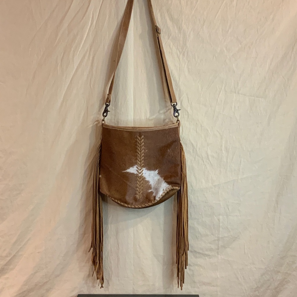 Myra Bag Tan and White Crossbody with Fringe
